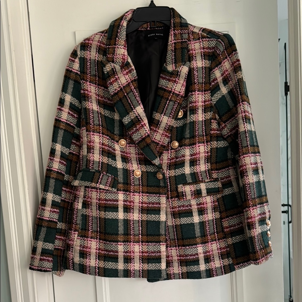 Green Pink Plaid Jacket Double-Breasted, sz L